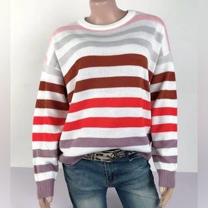 Long Sleeve Casual Loose Knit ColorBlock Crewneck Stripe Jumper Pullover Sweater